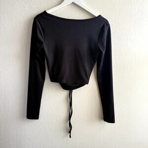 Romwe Black LOng Sleeve Ruched Front Cutout Crop Top- Medium